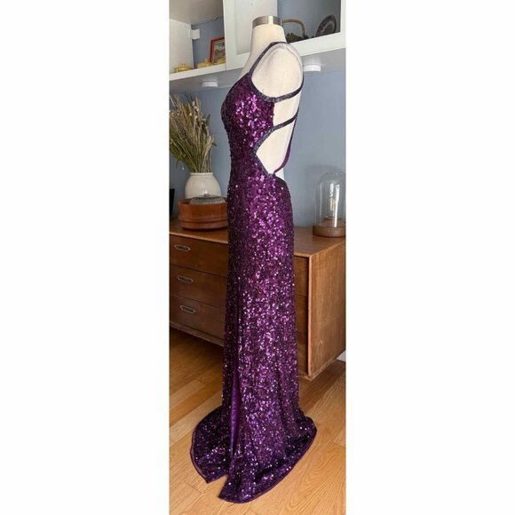 Primavera Couture 1853 Sequin Beaded Plum Gown Formal Dress Prom Long - Picture 5 of 12